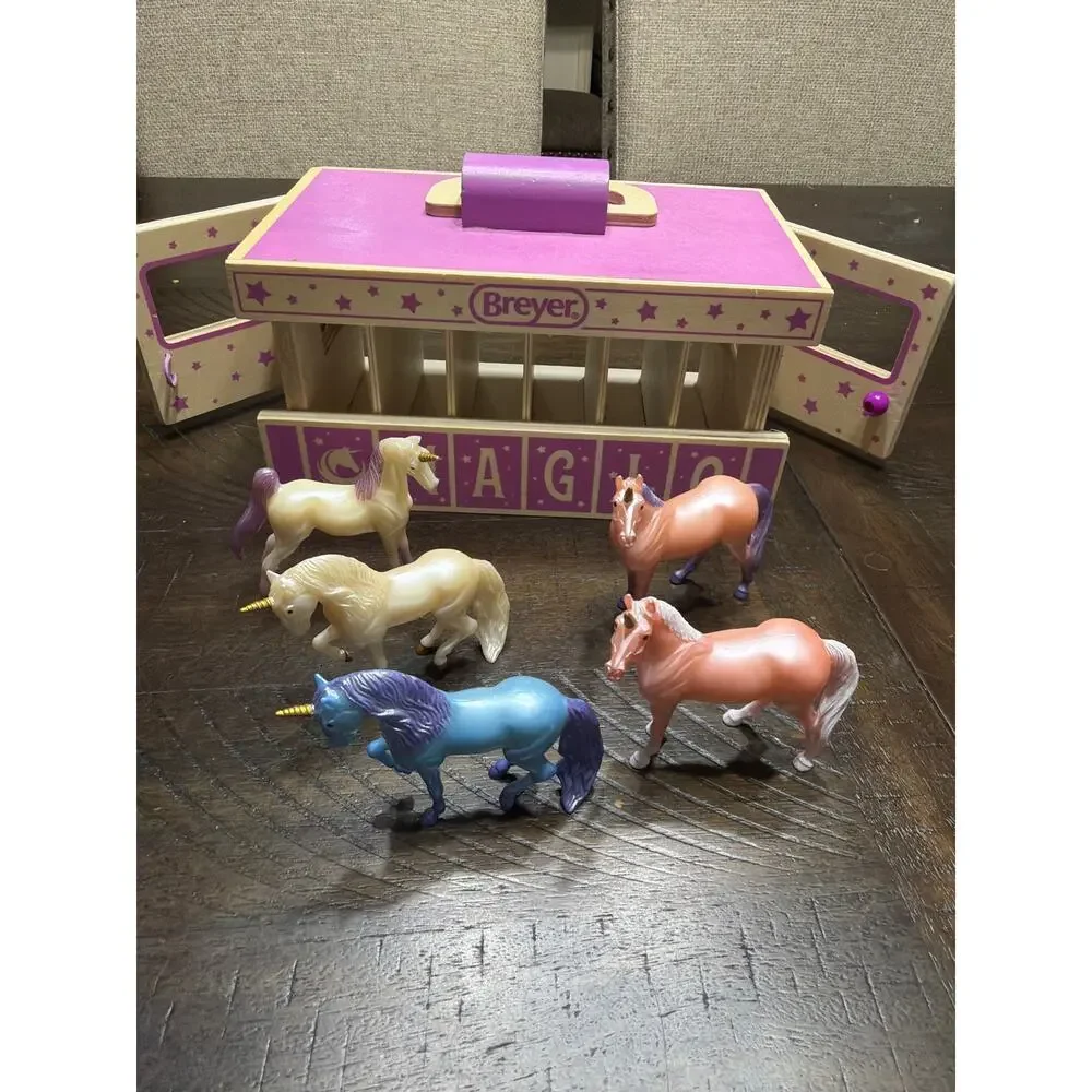 Breyer Unicorn Magic Wooden Stable Playset w/ 5 Colorful Miniature Unicorns